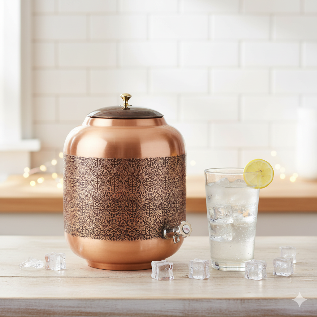 Copper water dispenser/matka/tank with tap 4,8,12,16 L dark embossed saka