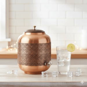 Copper water dispenser/matka/tank with tap 4,8,12,16 L dark embossed saka