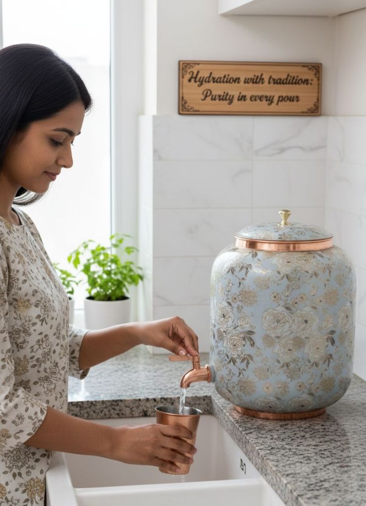 Handcrafted floral copler water dispenser with tap for drinking water