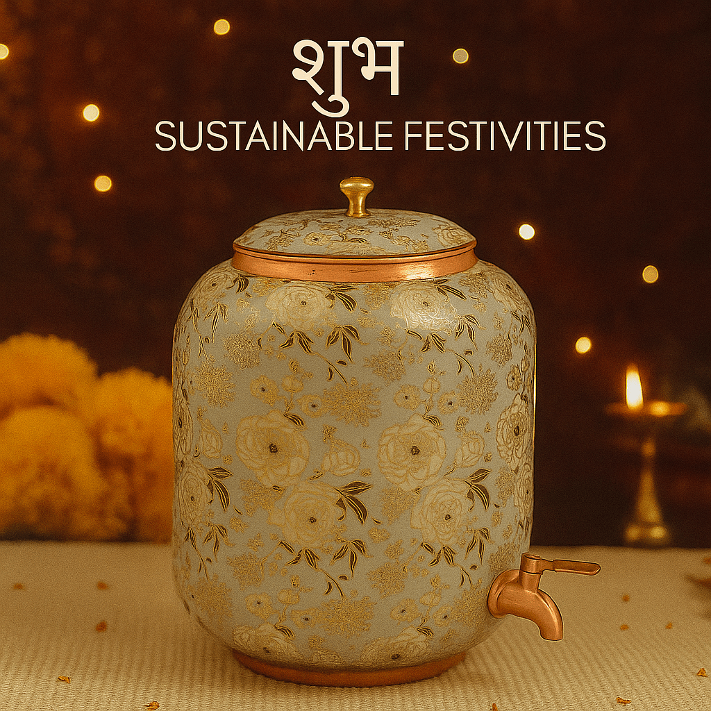 Pure copper water dispenser/matka/matak/mamatt with tap royal gold 3d meena floral printed