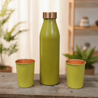 Copper bottle two glass set green lemon colour silk saka
