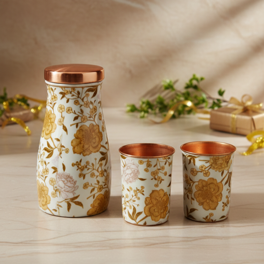 Copper 1000 ml suagrpot glass gift set floral printed indian art villa