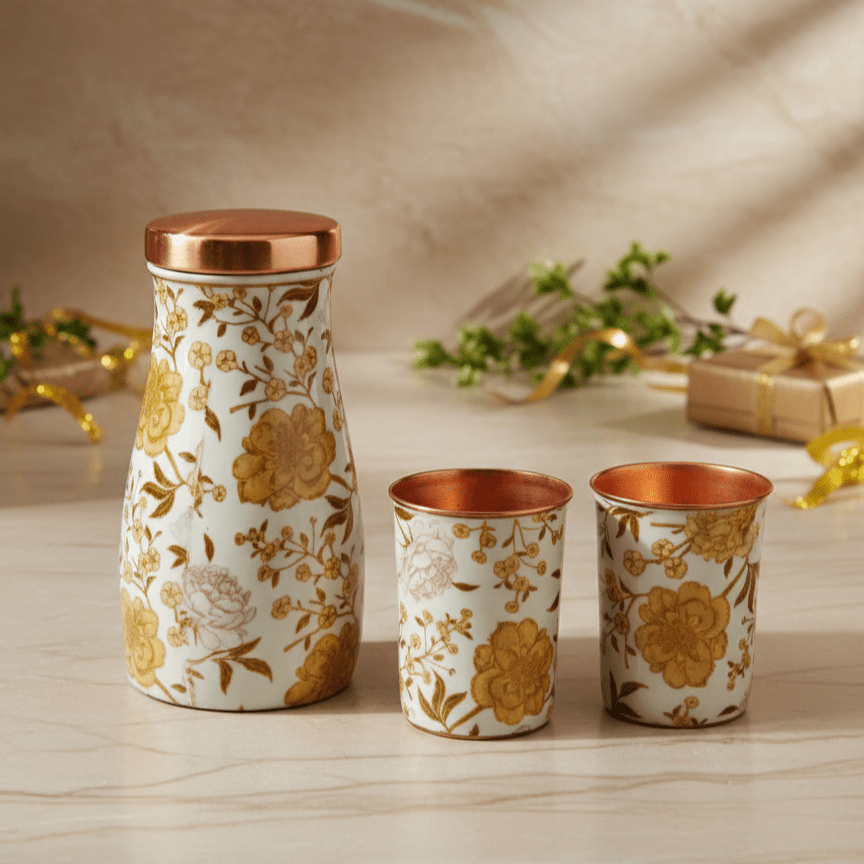 Copper 1000 ml suagrpot glass gift set floral printed indian art villa
