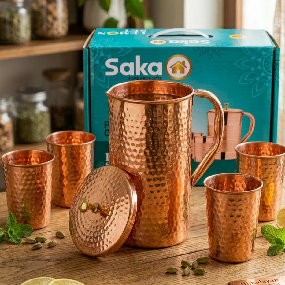 Pure -copper-lemon-set-5-pcs-hammered-1-jug+-4-glass