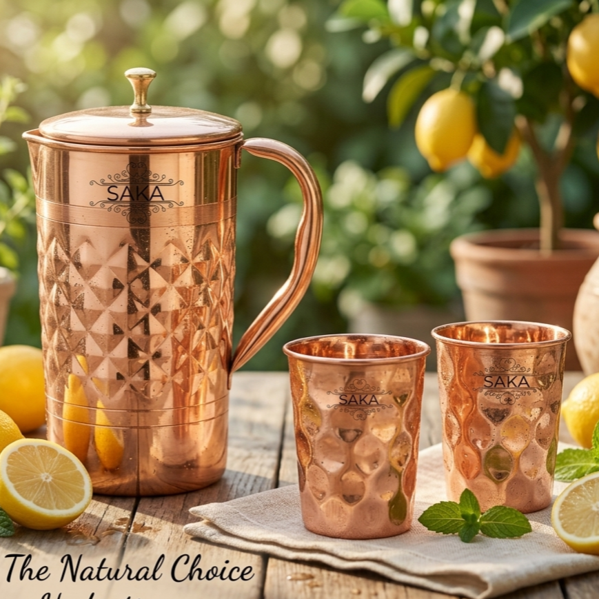 Pure copper lemon set diamond 3 pc 1 jug & 2 glass gift set bulk buy for ayurvedic health benifits